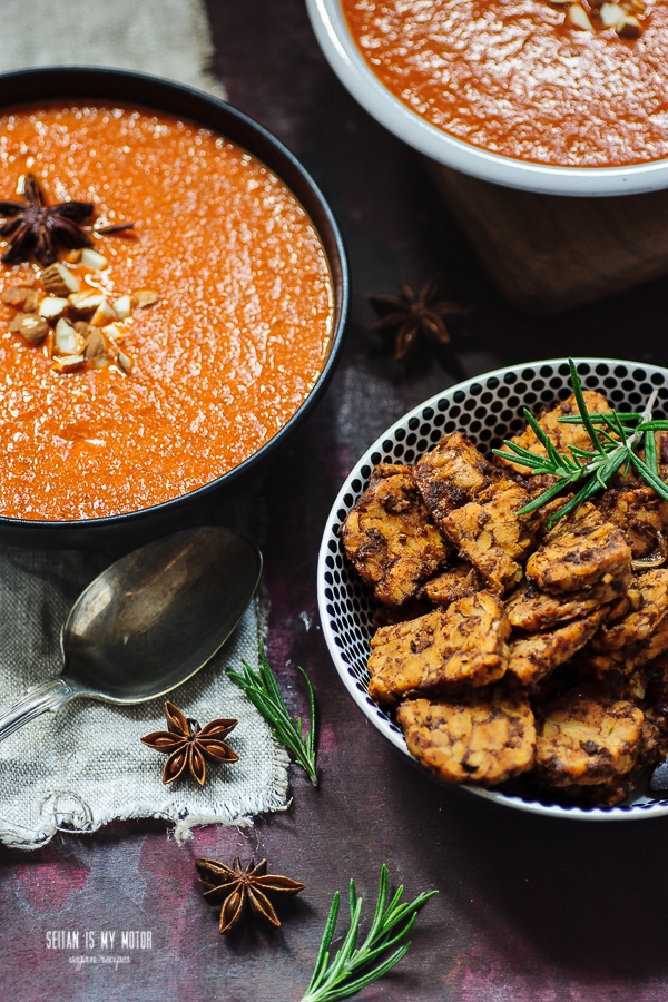 Pepper Almond Soup with Spicy Tempeh