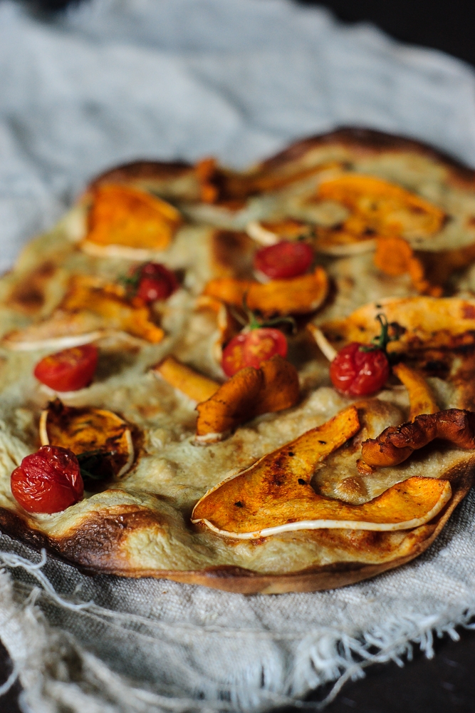 tarte flambée with squash and chanterelles