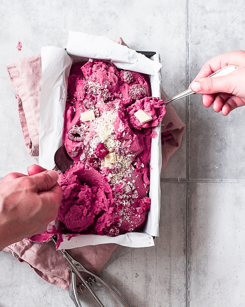 Raspberry Elderflower Ice Cream with Cocoa Butter