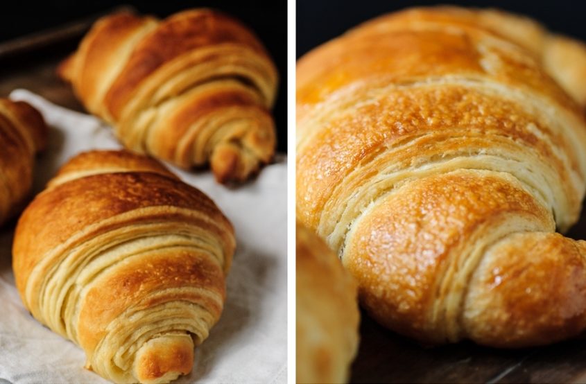 two pictures of vegan croissants next to each other