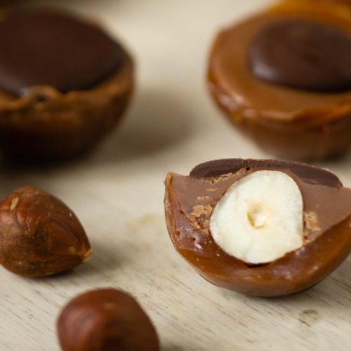 Caramel candies filled with nougat and hazelnuts
