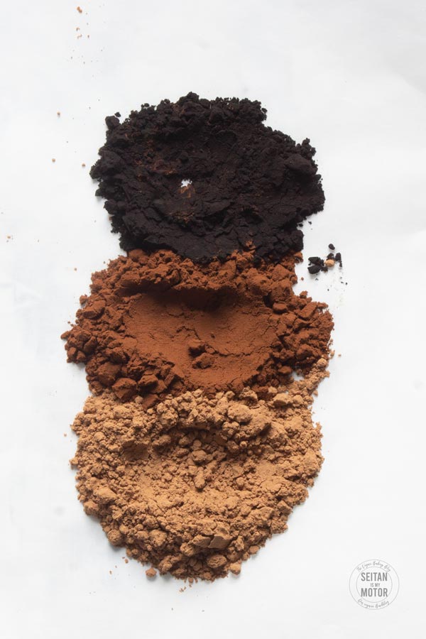 Three kinds of cocoa powder on a white background.