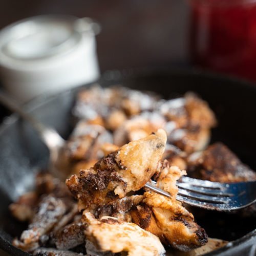 Scrambled pancakes in a pan