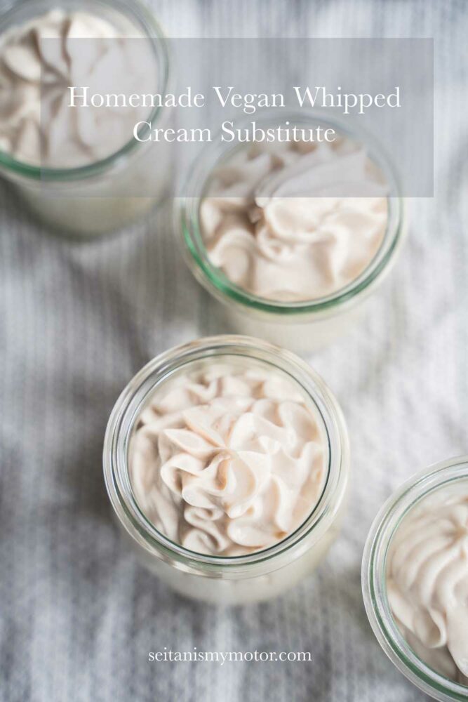 Four jars with vegan whipped cream substitute on a napking.