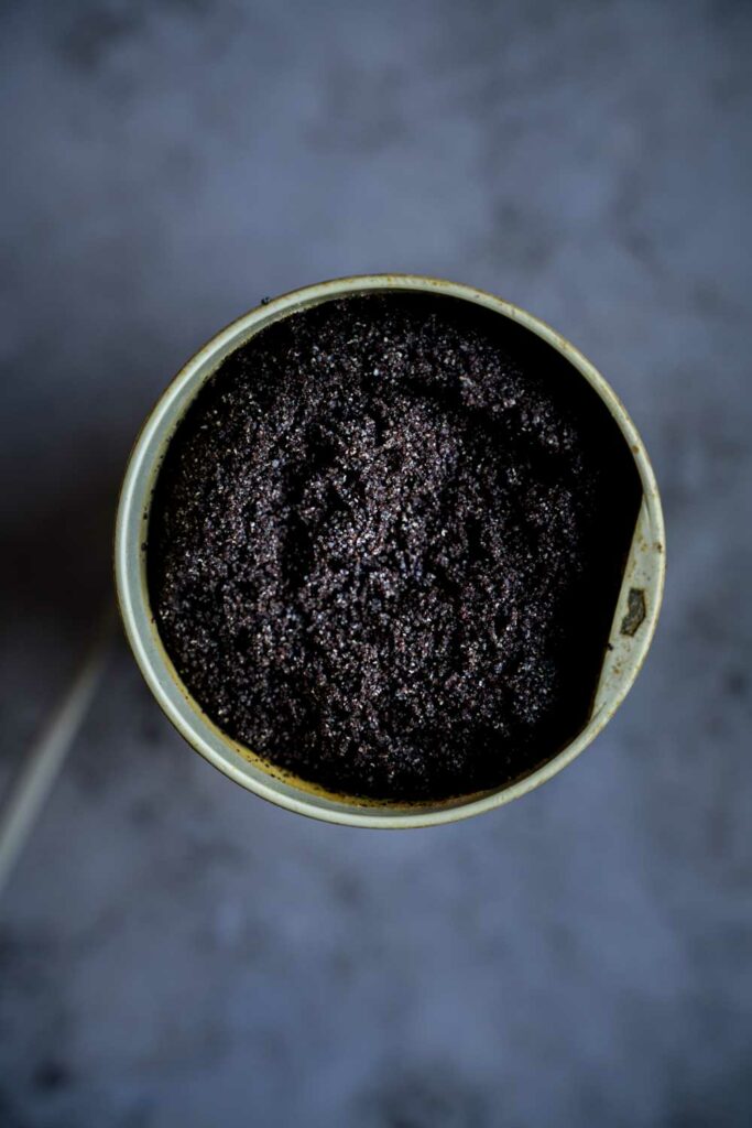 Poppy seeds ground in a small coffee and spice grinder.
